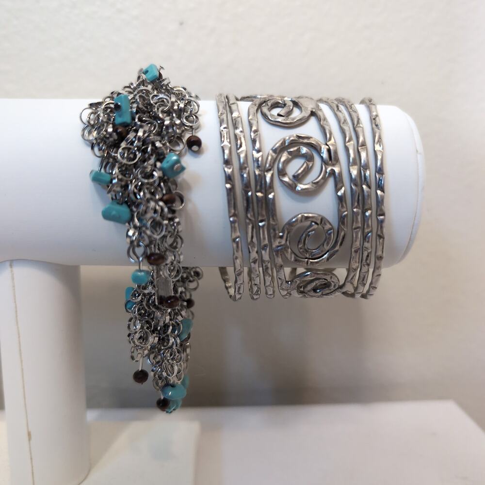 Silver-Tone Beaded Fringe and Swirl Cuff Bracelets